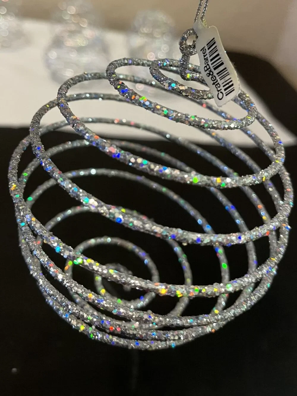 Set of 3 Crate & Barrel Silver Glittery Swirl Style Christmas Tree Ornaments